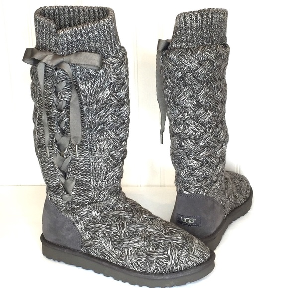UGG Shoes - UGG Mahalya Gray Knit Ribbon Lace Boots 9 NWOT